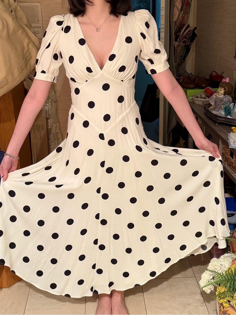 Reformation Cream Maxi Dress with Black Polka Dots